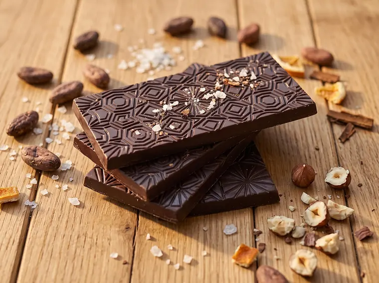 Embossed dark chocolate bars with sea salt, hazelnuts and orange peel