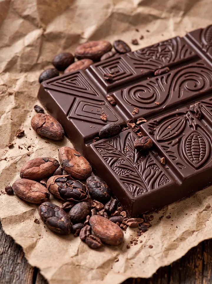 Embossed dark chocolate bar with cocoa beans on kraft paper