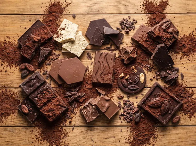 Assorted chocolate pieces, cocoa powder and beans on a wooden table