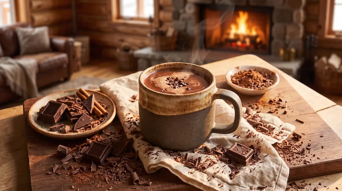 Cup of hot chocolate with chocolate pieces and cinnamon by the fireplace