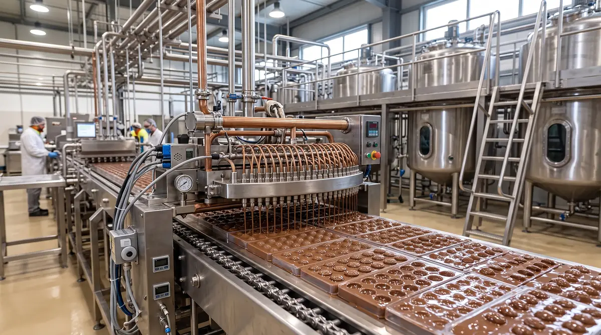 Chocolate moulding line in the Kensley factory with stainless-steel tanks