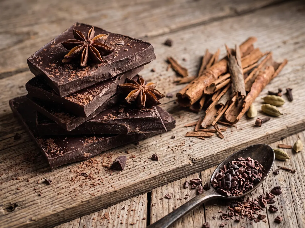Stacked dark chocolate with star anise, cinnamon sticks and cocoa nibs on rustic wood